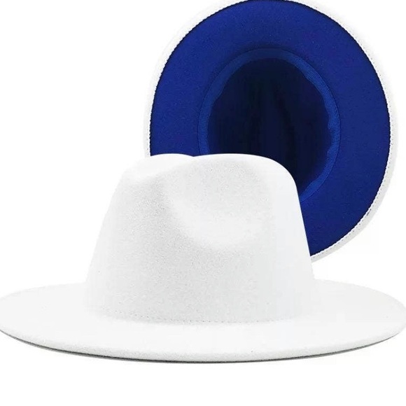 Passion of Essence Accessories - Two Color White + Royal Blue Felt Fedora Flat Brim Hat
